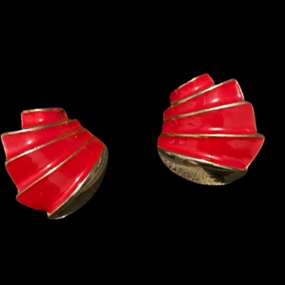 Vintage Red Enamel on Gold- tone Pierced Earrings - Picture 2 of 8